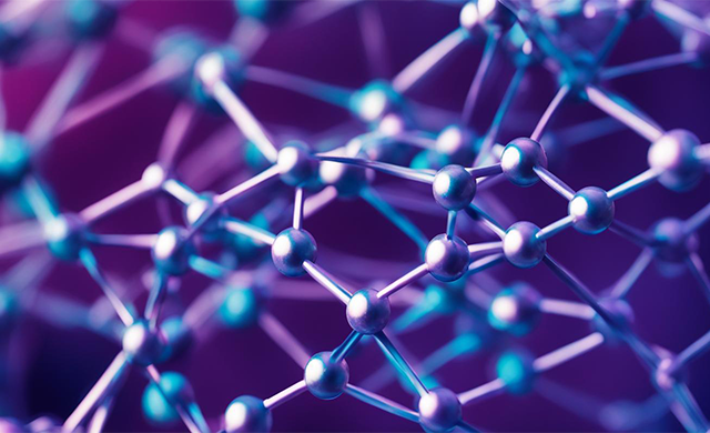 Visualize the molecular structure of ammonium heptamolybdate. Use shades of blue and purple to represent the different atoms in the compound. The center of the image should be focused on the molybdenum atom